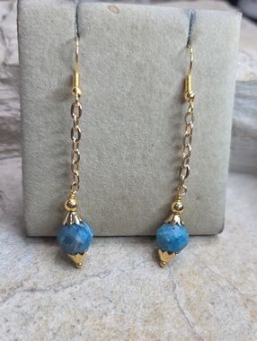 Gold Chain Drop Earrings with Blue Apatite Gemstone Faceted Beads